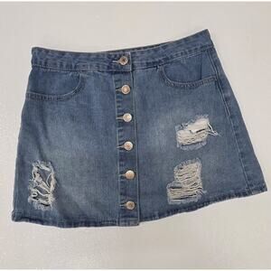 Forever 21 Distressed Denim Mini Skirt Button Front Medium Wash Size Large